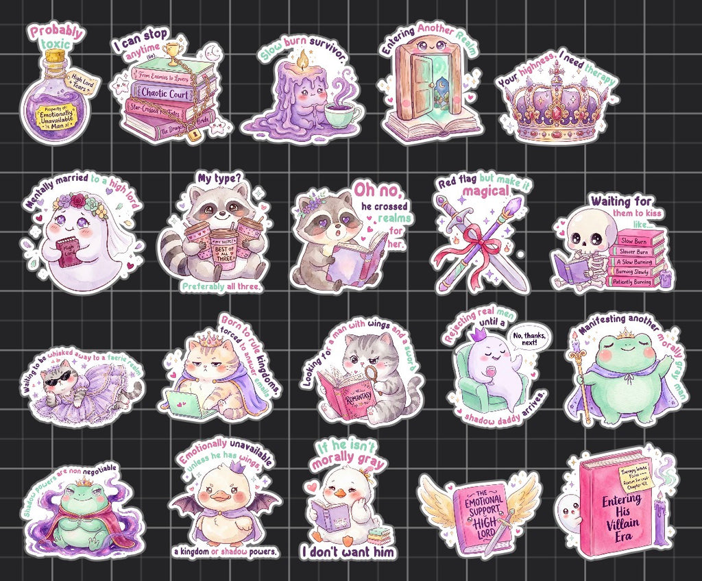 💜 Delusionally Bookish Sticker Pack | Fantasy & Romantasy Reader Stickers | 20+ Pack