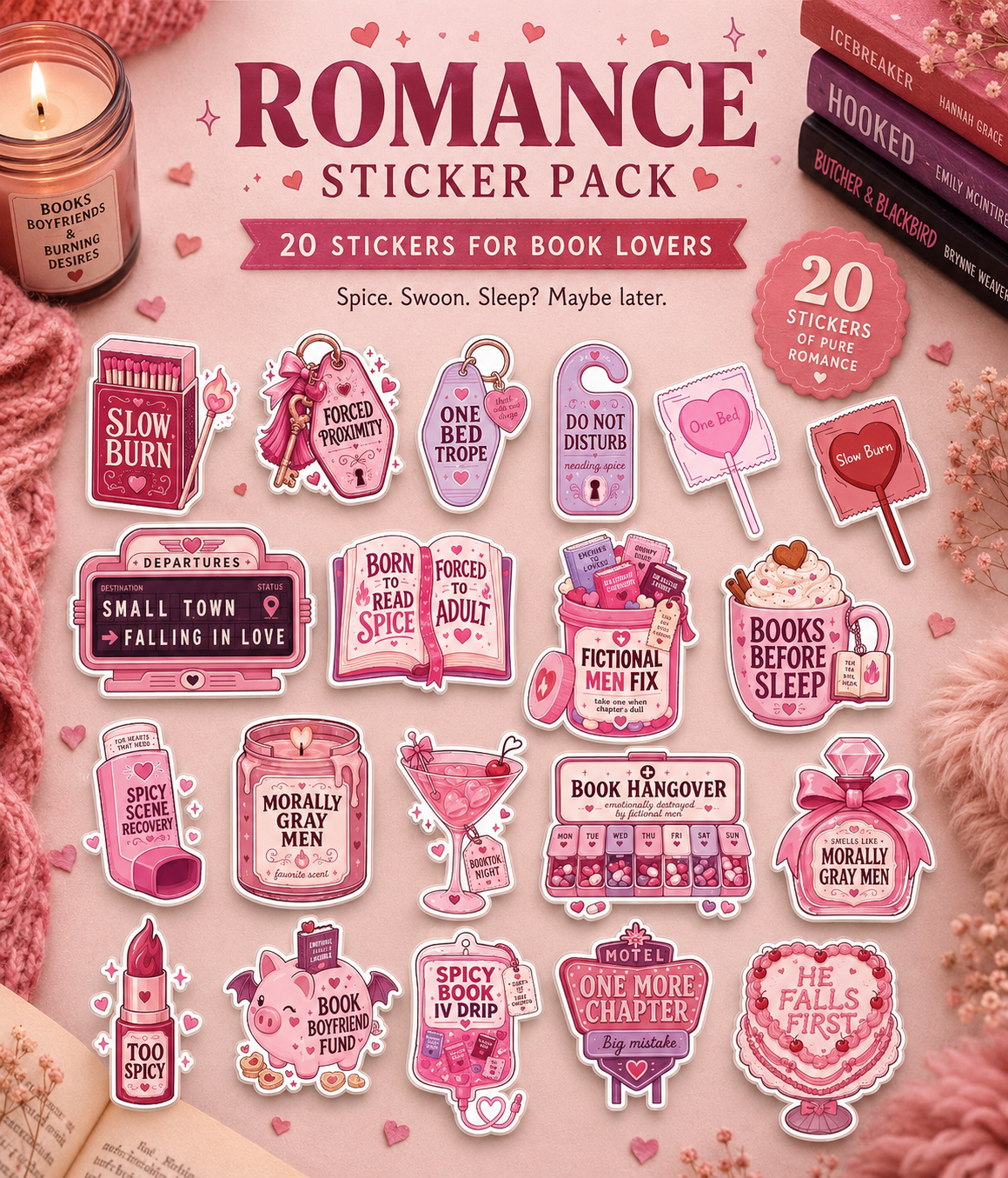 Romance Sticker Pack | Spicy Bookish & Romance Reader Stickers | 20 Pack
