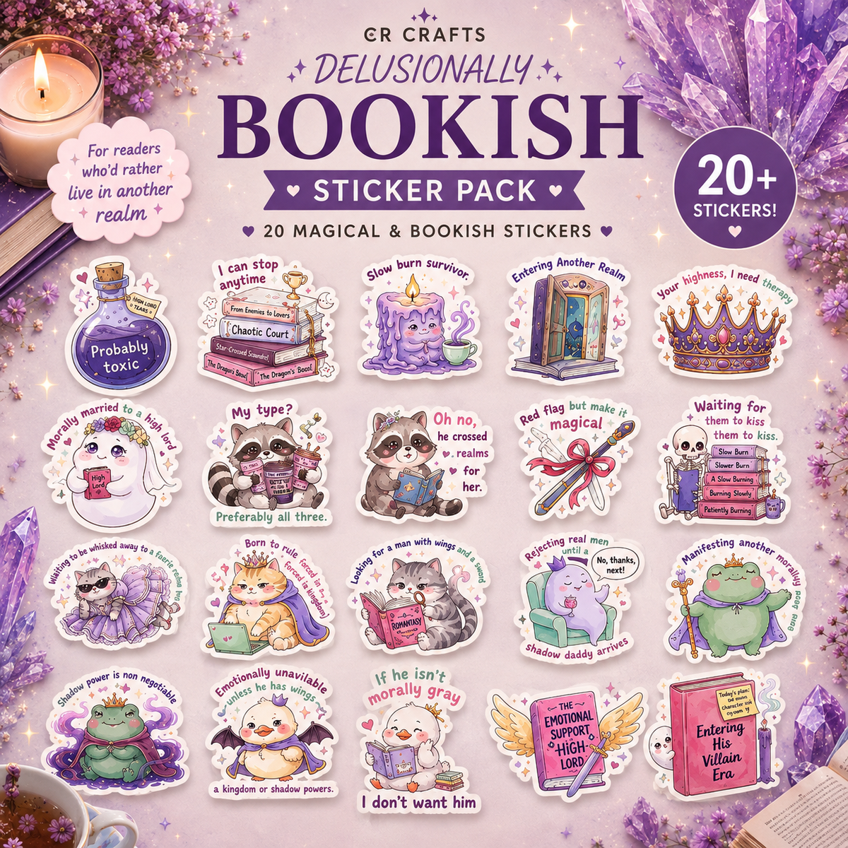 💜 Delusionally Bookish Sticker Pack | Fantasy & Romantasy Reader Stickers | 20+ Pack