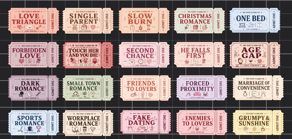 Romance Ticket Sticker Pack | Bookish Romance Trope Stickers | 20 Pack