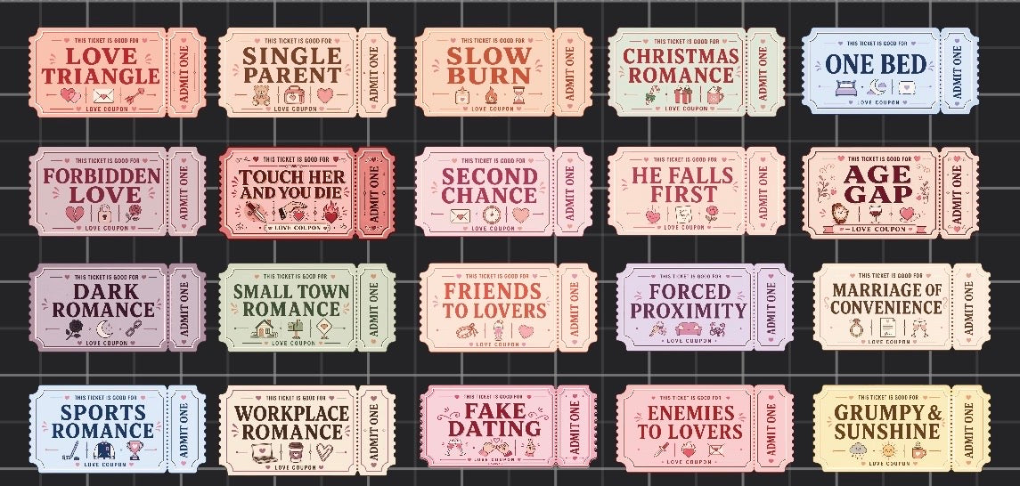 Romance Ticket Sticker Pack | Bookish Romance Trope Stickers | 20 Pack