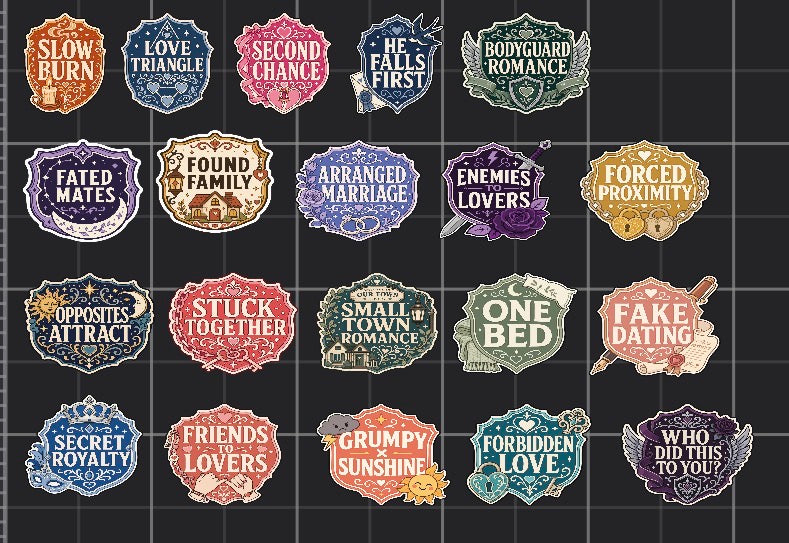 Romance Tropes Sticker Pack | Bookish Trope Stickers | 20 Pack