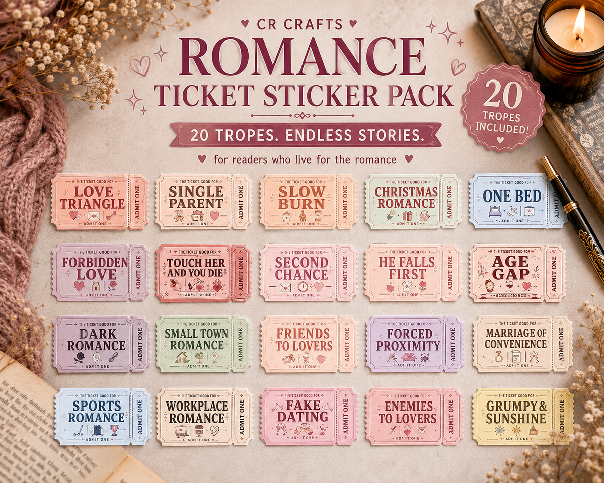 Romance Ticket Sticker Pack | Bookish Romance Trope Stickers | 20 Pack