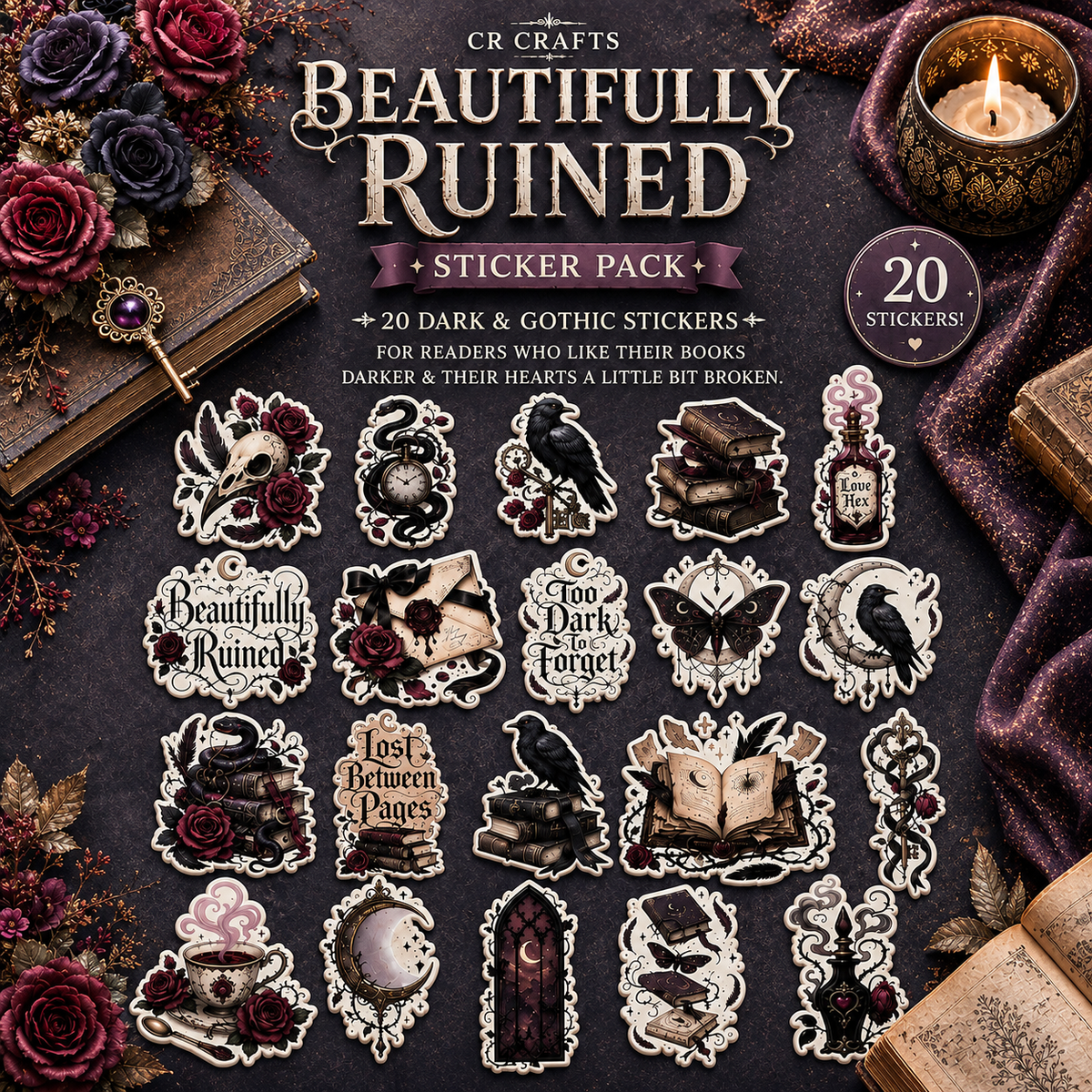 Beautifully Ruined Sticker Pack | Dark Gothic Bookish Stickers | 20 Pack