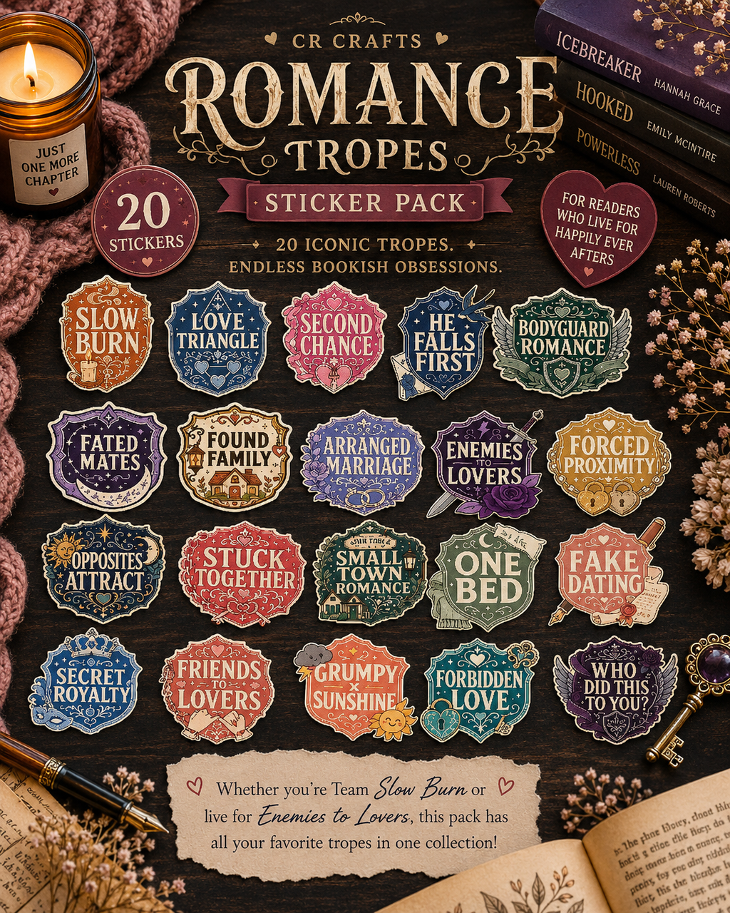 Romance Tropes Sticker Pack | Bookish Trope Stickers | 20 Pack