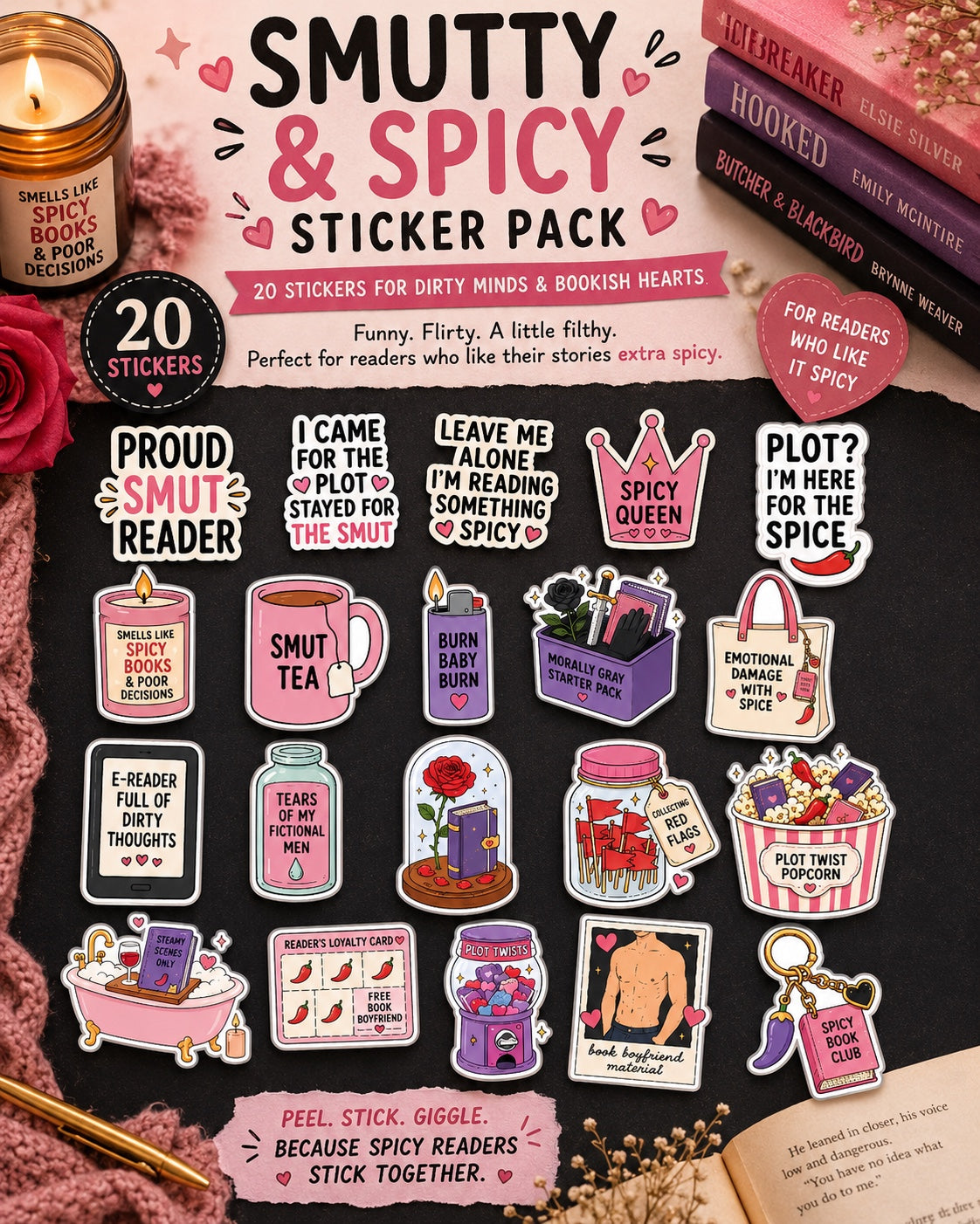 Smutty & Spicy Sticker Pack | 20 Funny Bookish Reader Stickers