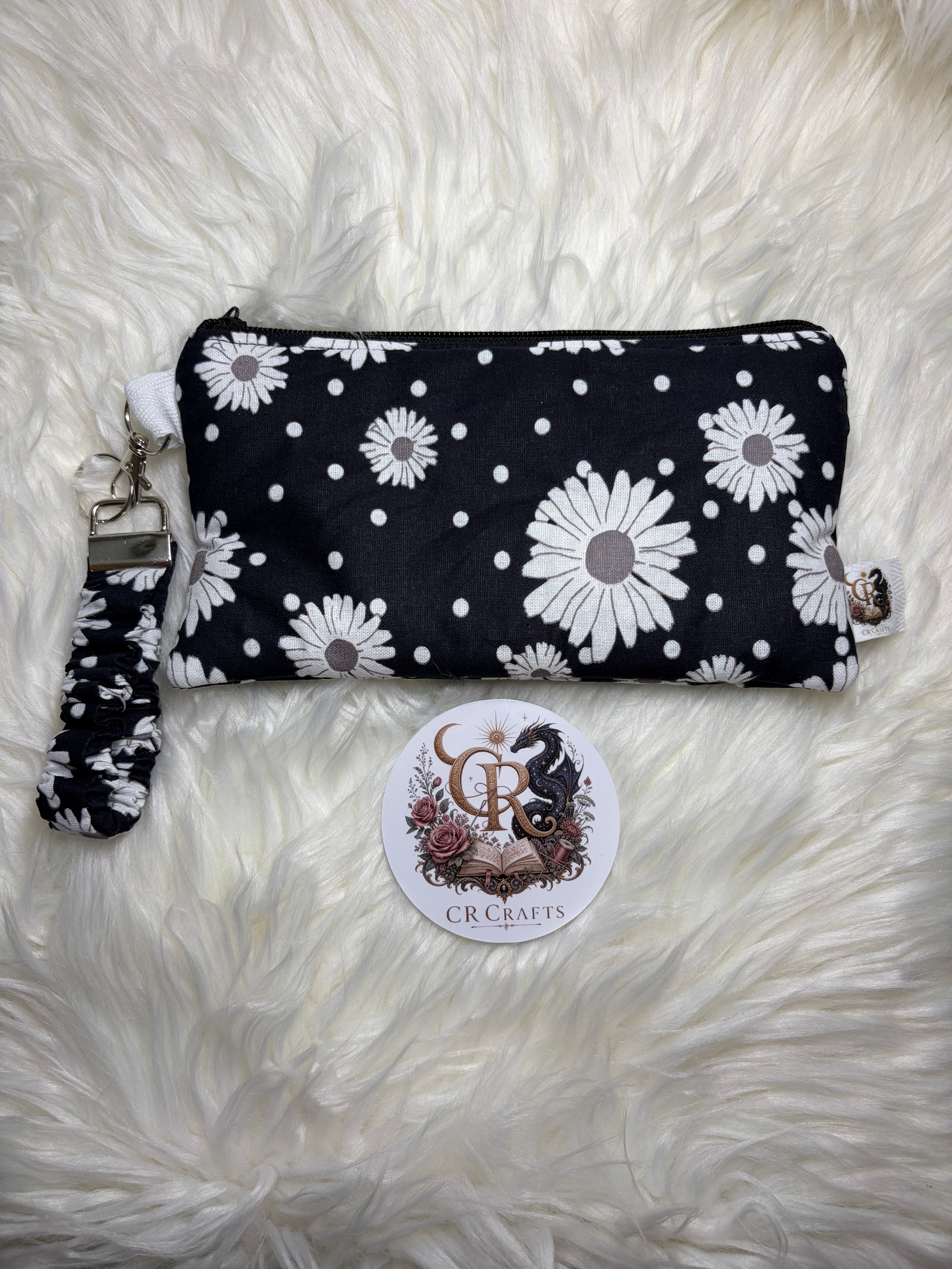🖤 Handmade Matching Clutch & Scrunchie Wristlet Keychain | 🖤Midnight Daisy Collection
